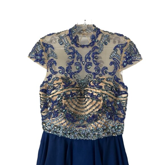 SHERRI HILL Blue Nude Beaded Skater Cocktail Dress Size 4 - Picture 2 of 8